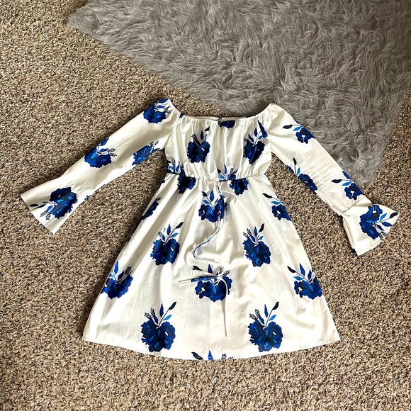 Blue & White Off the Shoulder Floral Dress - Picture 1 of 6